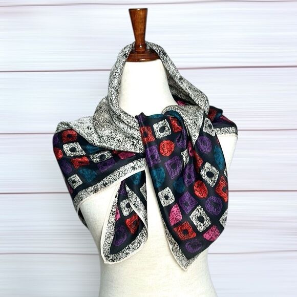 Albert Nipon Silk Square Scarf Abstract White Black Multicolor Geometric Trim - Picture 6 of 9